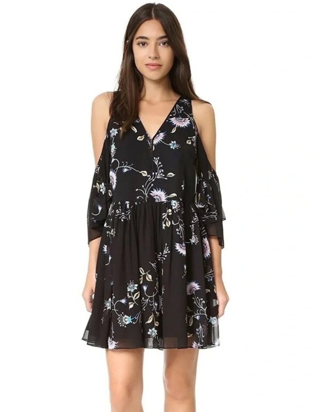 REBECCA MINKOFF Robbie Shift Dress Tropical Vine Black Cold Shoulder - Picture 3 of 10